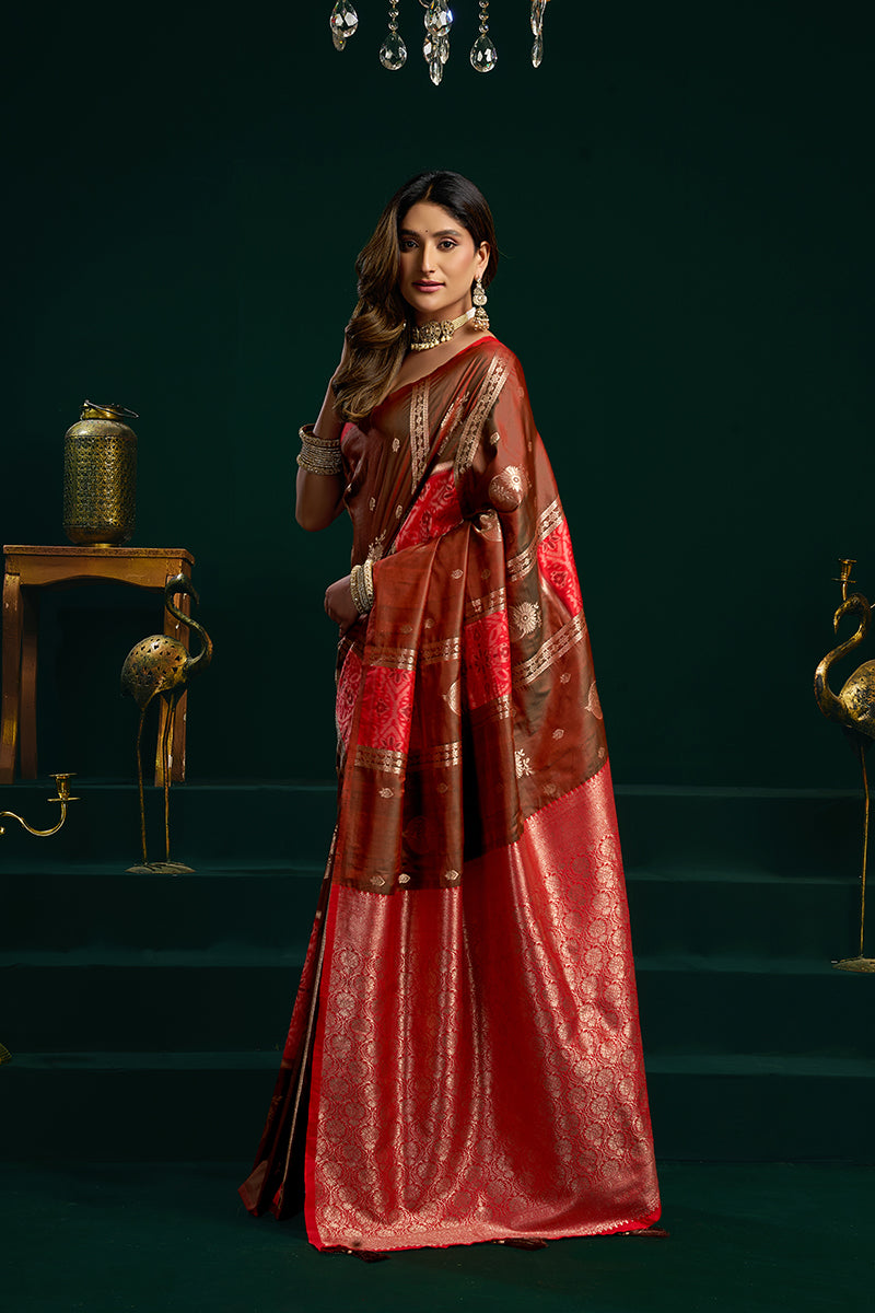 Monjolika Fashion Dark Brown Soft Banarasi Silk Blend Zari Weaving Saree With Blouse Piece | Grocsy