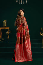 Monjolika Fashion Dark Brown Soft Banarasi Silk Blend Zari Weaving Saree With Blouse Piece | Grocsy