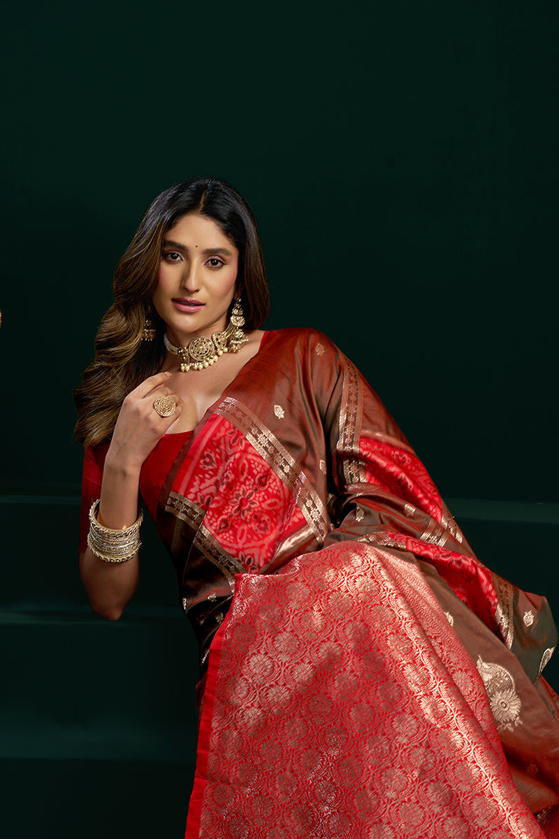 Monjolika Fashion Dark Brown Soft Banarasi Silk Blend Zari Weaving Saree With Blouse Piece | Grocsy