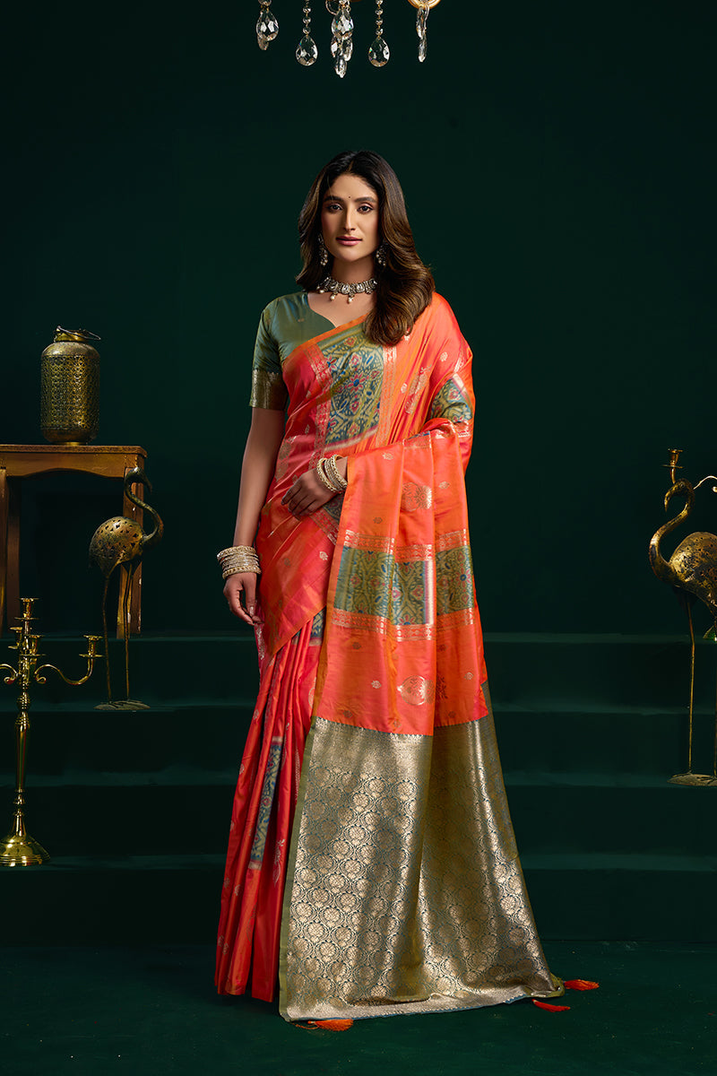 Monjolika Fashion Orange Soft Banarasi Silk Blend Zari Weaving Saree With Blouse Piece | Grocsy