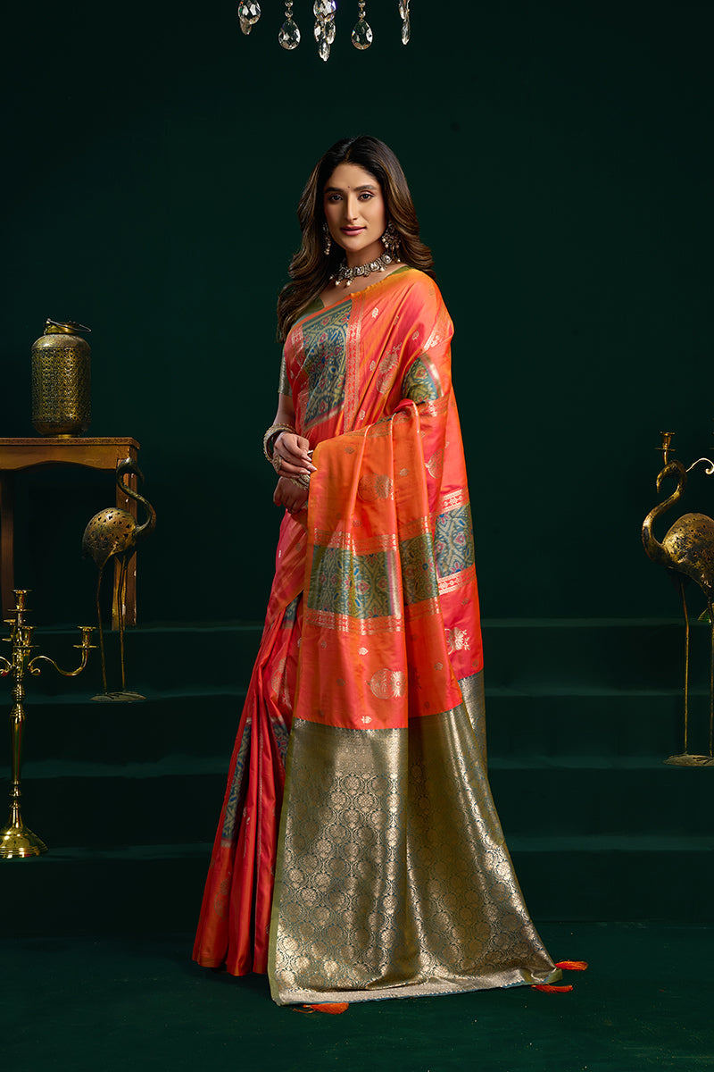 Monjolika Fashion Orange Soft Banarasi Silk Blend Zari Weaving Saree With Blouse Piece | Grocsy