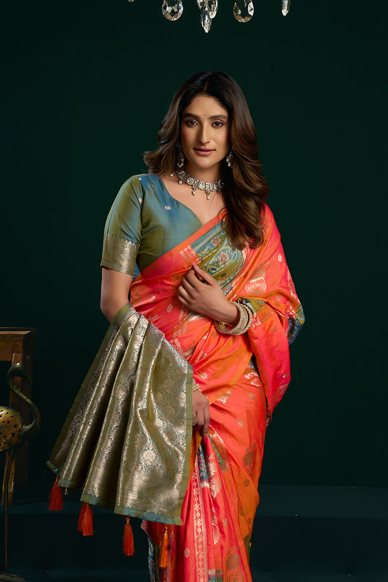 Monjolika Fashion Orange Soft Banarasi Silk Blend Zari Weaving Saree With Blouse Piece | Grocsy