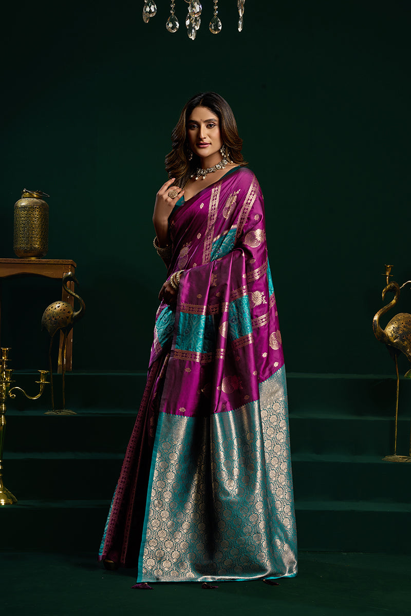 Monjolika Fashion Purple Soft Banarasi Silk Blend Zari Weaving Saree With Blouse Piece | Grocsy
