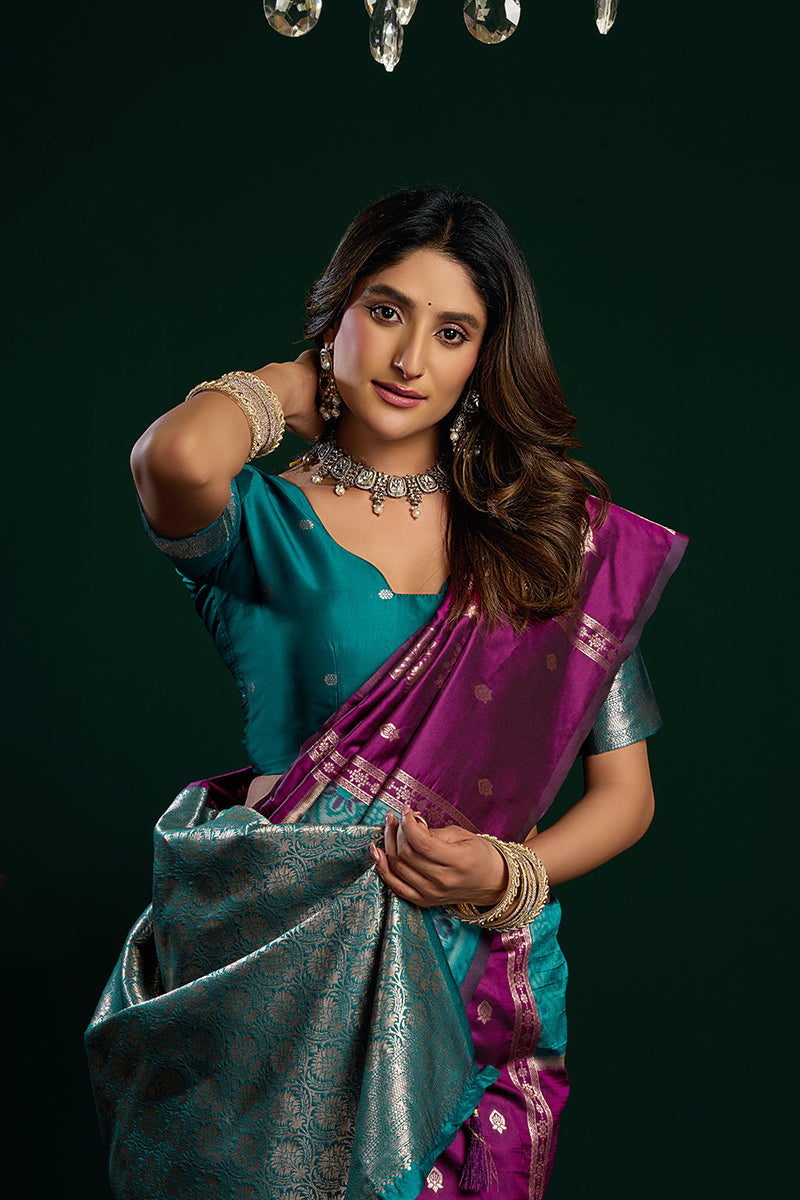 Monjolika Fashion Purple Soft Banarasi Silk Blend Zari Weaving Saree With Blouse Piece | Grocsy
