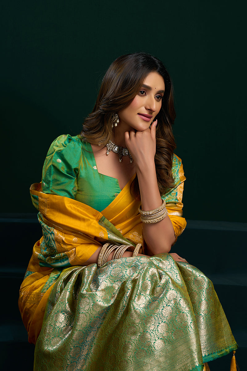 Monjolika Fashion Mustard Soft Banarasi Silk Blend Zari Weaving Saree With Blouse Piece | Grocsy