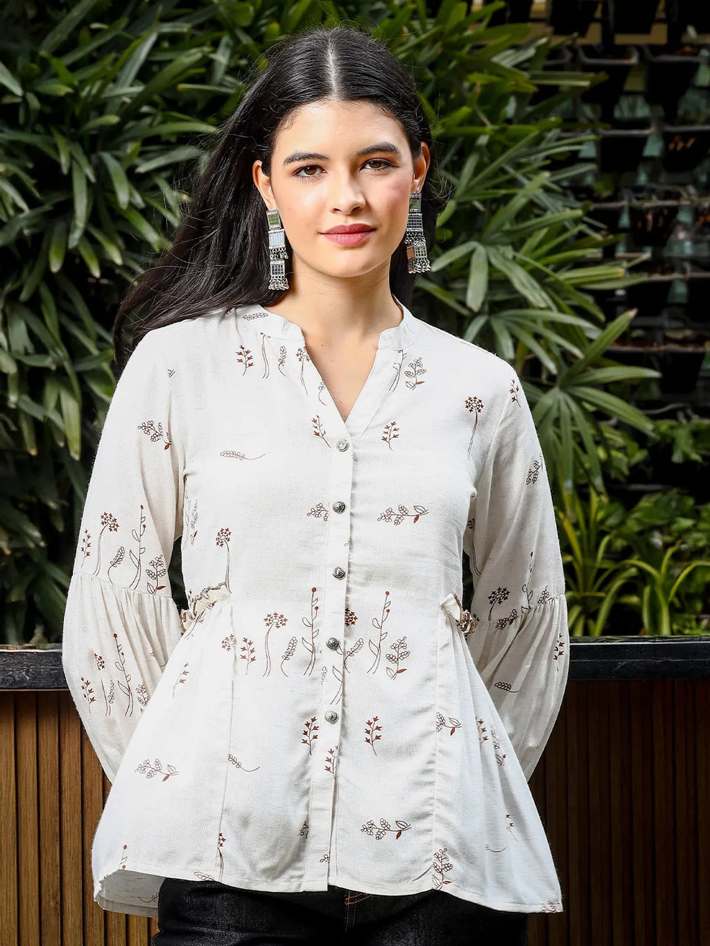 Yufta Brown And White Cotton Linen Flare Shirt Style Top | Grocsy