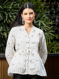 Yufta Brown And White Cotton Linen Flare Shirt Style Top | Grocsy