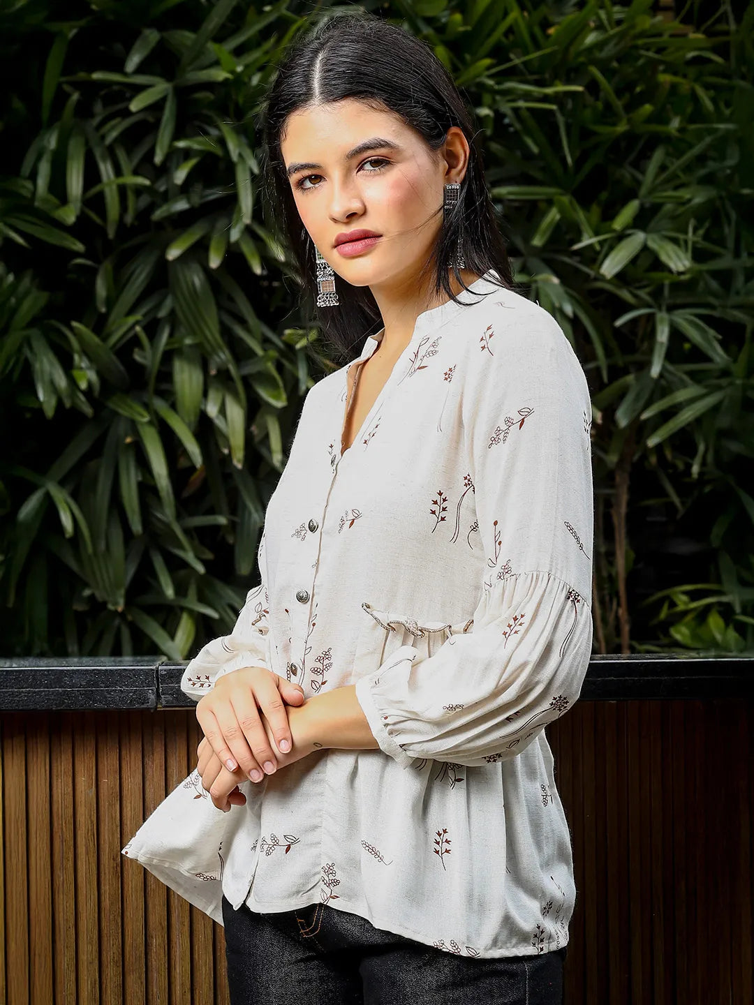 Yufta Brown And White Cotton Linen Flare Shirt Style Top | Grocsy