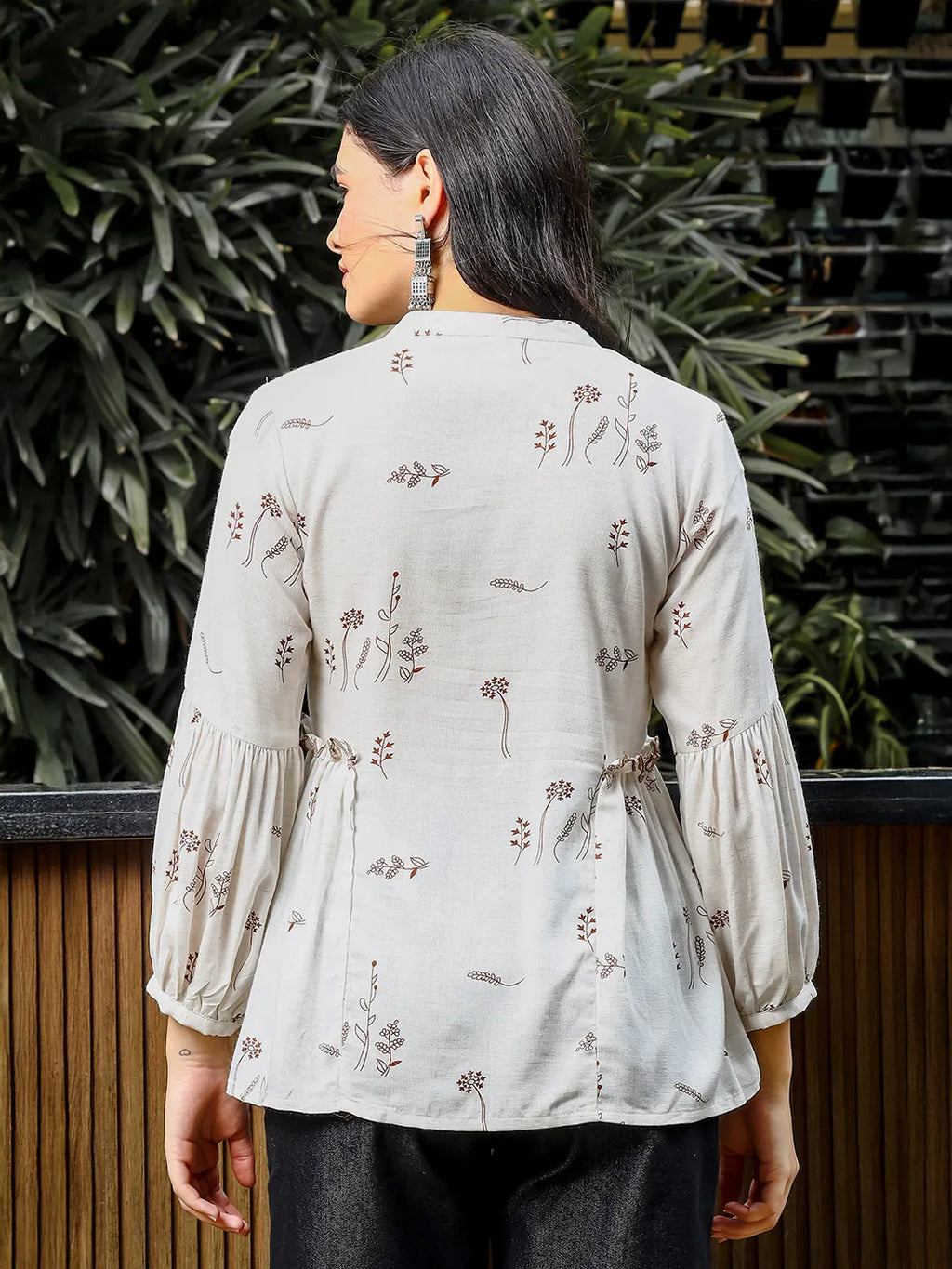 Yufta Brown And White Cotton Linen Flare Shirt Style Top | Grocsy