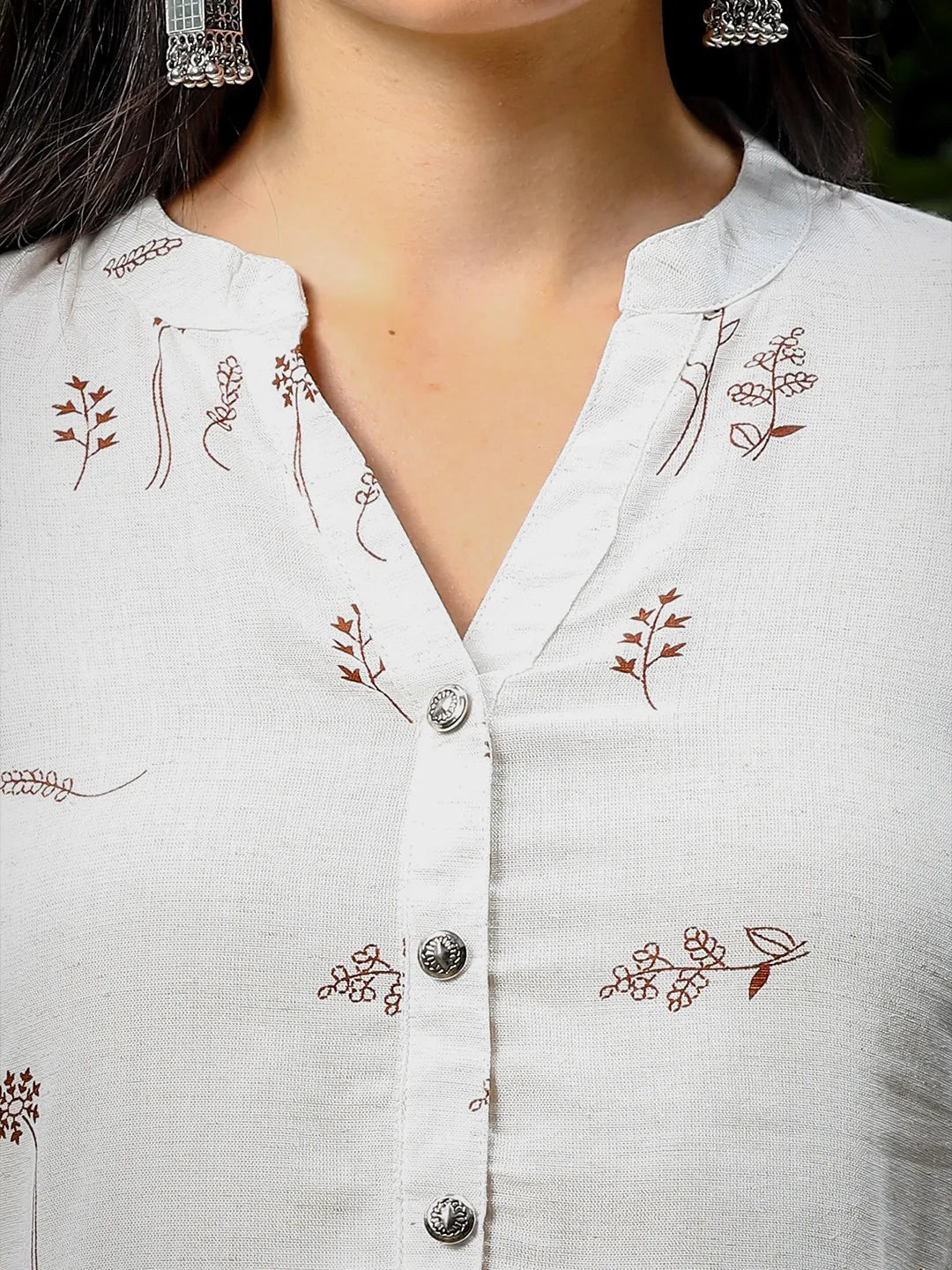 Yufta Brown And White Cotton Linen Flare Shirt Style Top | Grocsy