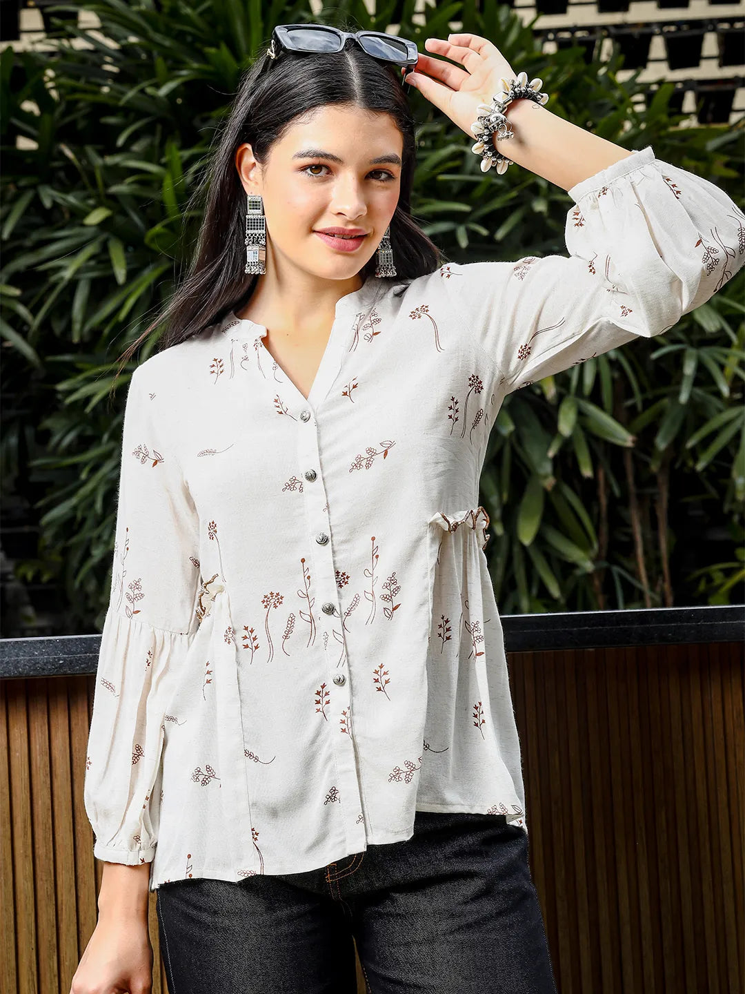 Yufta Brown And White Cotton Linen Flare Shirt Style Top | Grocsy