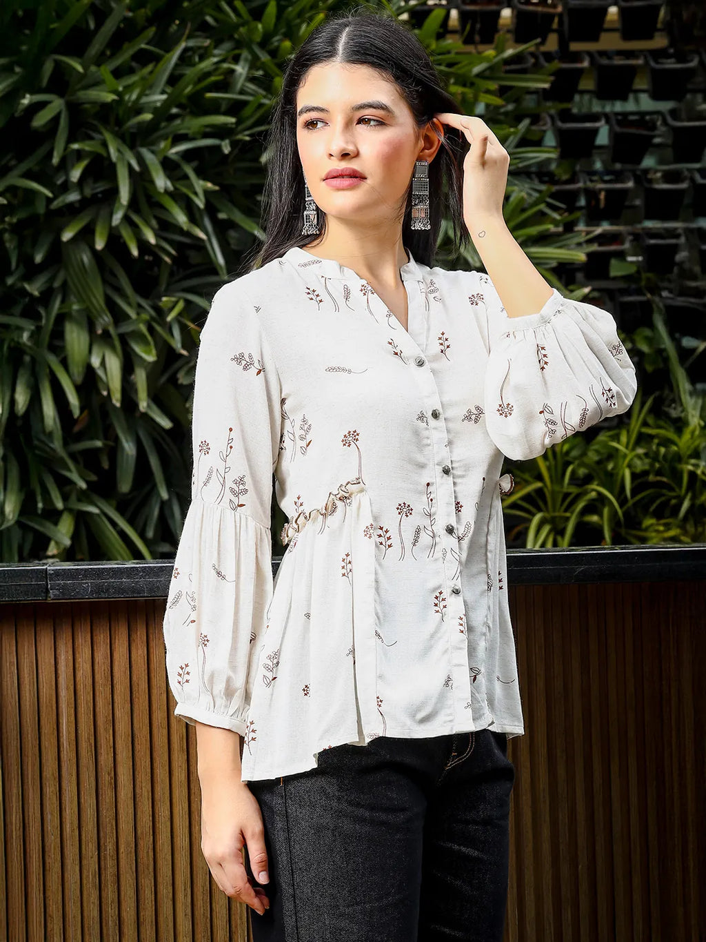 Yufta Brown And White Cotton Linen Flare Shirt Style Top | Grocsy