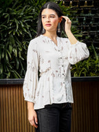 Yufta Brown And White Cotton Linen Flare Shirt Style Top | Grocsy