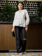 Yufta Brown And White Cotton Linen Flare Shirt Style Top | Grocsy