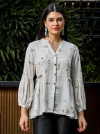 Yufta Green And White Cotton Linen Flare Shirt Style Top | Grocsy