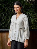 Yufta Green And White Cotton Linen Flare Shirt Style Top | Grocsy