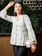 Yufta Green And White Cotton Linen Flare Shirt Style Top | Grocsy