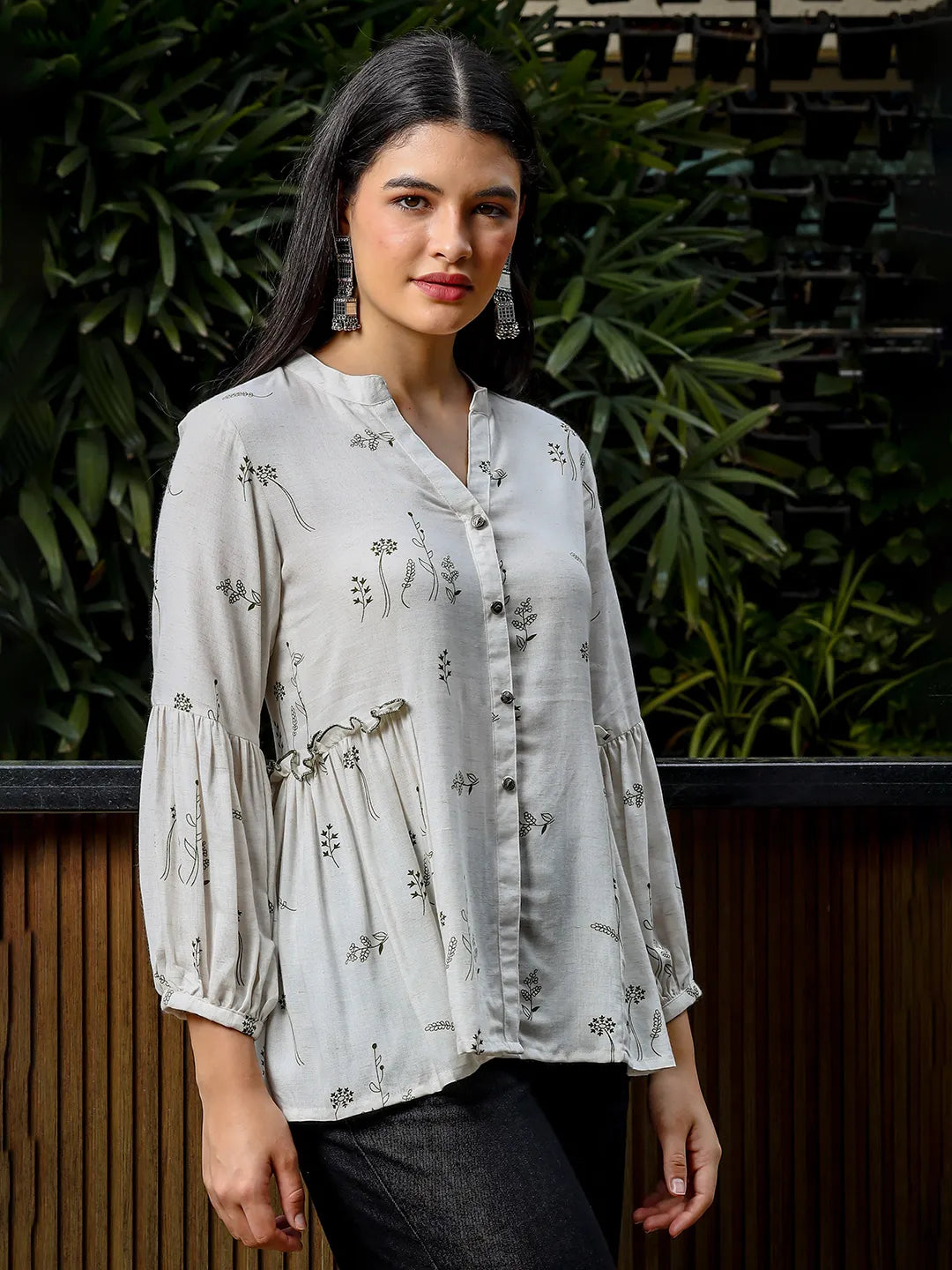 Yufta Green And White Cotton Linen Flare Shirt Style Top | Grocsy