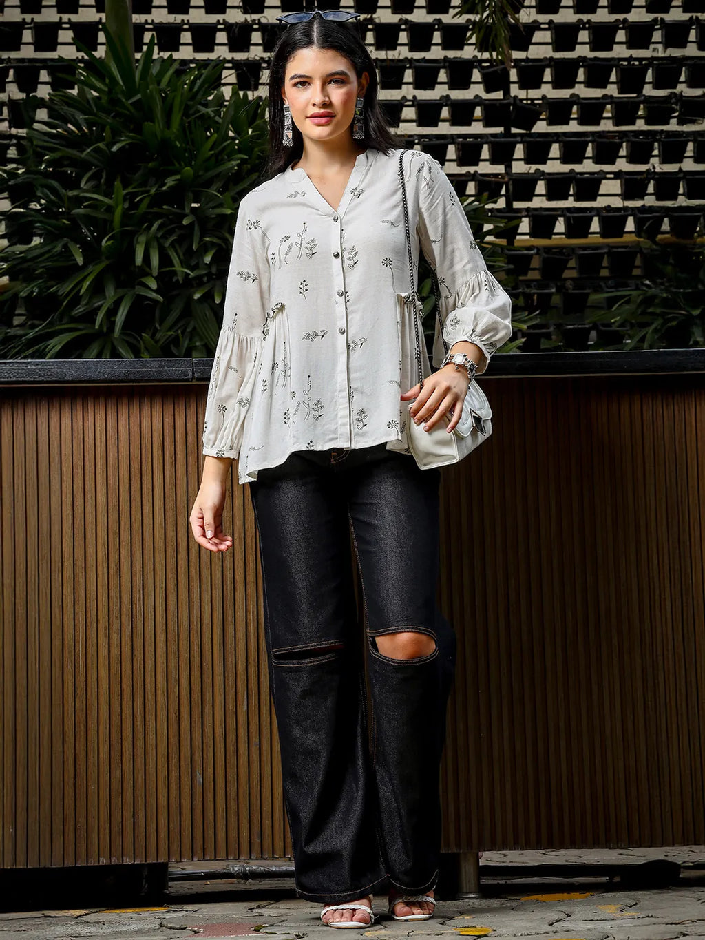 Yufta Green And White Cotton Linen Flare Shirt Style Top | Grocsy