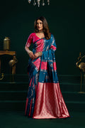 Monjolika Fashion Teal Blue Soft Banarasi Silk Blend Zari Weaving Saree With Blouse Piece | Grocsy