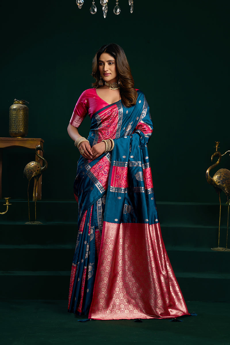 Monjolika Fashion Teal Blue Soft Banarasi Silk Blend Zari Weaving Saree With Blouse Piece | Grocsy
