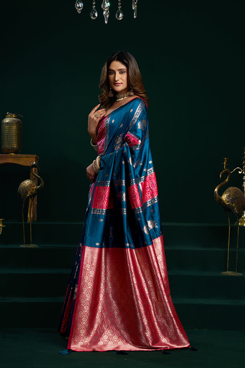 Monjolika Fashion Teal Blue Soft Banarasi Silk Blend Zari Weaving Saree With Blouse Piece | Grocsy