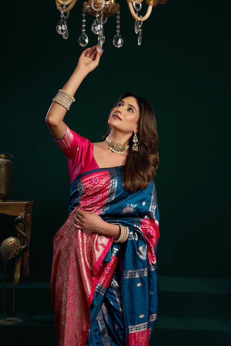 Monjolika Fashion Teal Blue Soft Banarasi Silk Blend Zari Weaving Saree With Blouse Piece | Grocsy