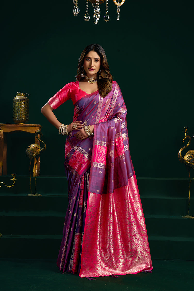 Monjolika Fashion Violet Soft Banarasi Silk Blend Zari Weaving Saree With Blouse Piece | Grocsy