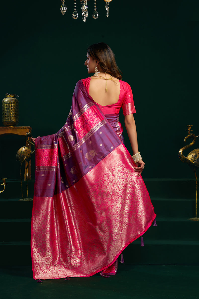 Monjolika Fashion Violet Soft Banarasi Silk Blend Zari Weaving Saree With Blouse Piece | Grocsy