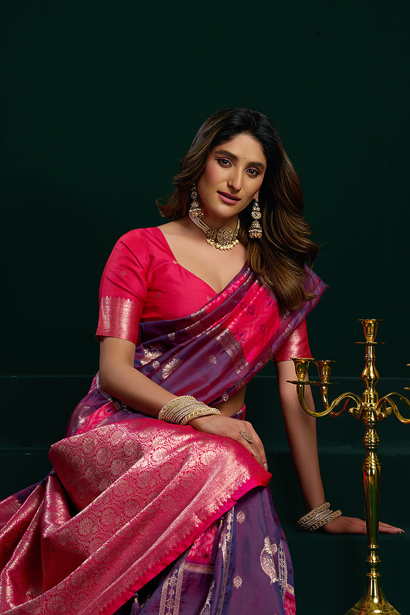 Monjolika Fashion Violet Soft Banarasi Silk Blend Zari Weaving Saree With Blouse Piece | Grocsy
