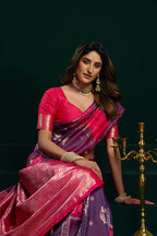 Monjolika Fashion Violet Soft Banarasi Silk Blend Zari Weaving Saree With Blouse Piece | Grocsy