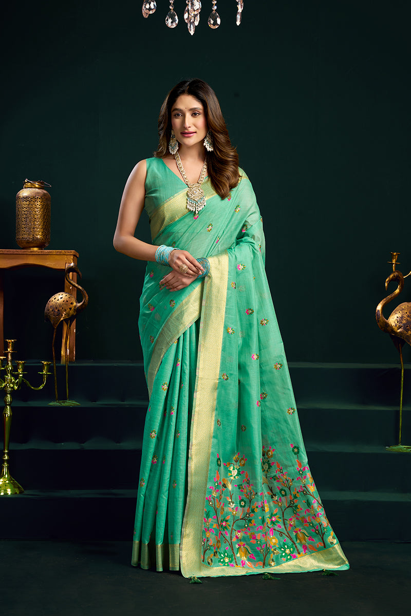 Monjolika Fashion Sea Green Cotton Blend Saree with Floral Meenakari Pallu and Gold Zari Border | Grocsy