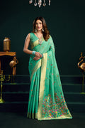 Monjolika Fashion Sea Green Cotton Blend Saree with Floral Meenakari Pallu and Gold Zari Border | Grocsy