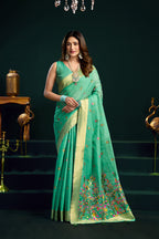 Monjolika Fashion Sea Green Cotton Blend Saree with Floral Meenakari Pallu and Gold Zari Border | Grocsy