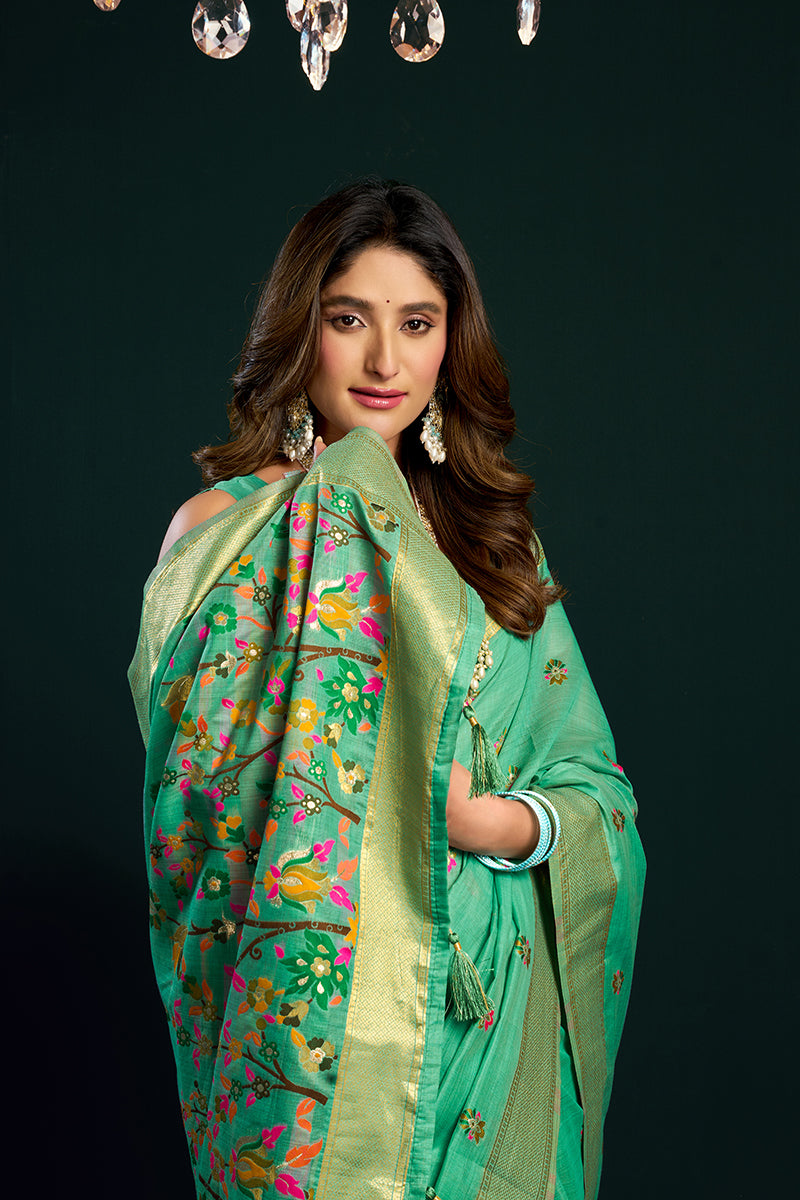 Monjolika Fashion Sea Green Cotton Blend Saree with Floral Meenakari Pallu and Gold Zari Border | Grocsy