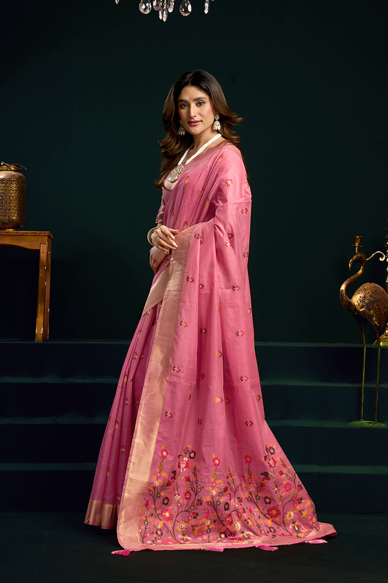 Monjolika Fashion Pink Cotton Blend Saree with Floral Meenakari Pallu and Gold Zari Border | Grocsy
