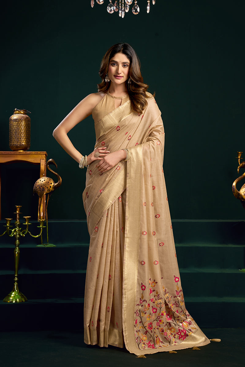 Monjolika Fashion Beige Cotton Blend Saree with Floral Meenakari Pallu and Gold Zari Border | Grocsy