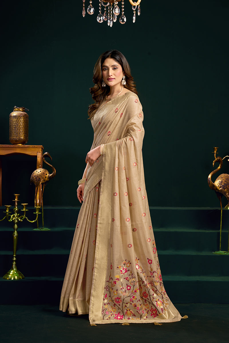 Monjolika Fashion Beige Cotton Blend Saree with Floral Meenakari Pallu and Gold Zari Border | Grocsy