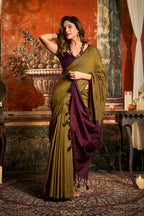 Monjolika Fashion Mehendi Green Cotton Blend Saree with Contrast Pallu & Unstiched Blouse Piece | Grocsy