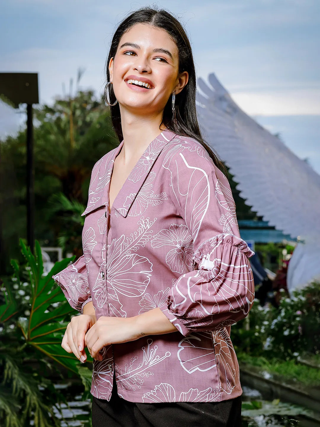 Yufta Mauve Cotton Linen Puff Sleeve Shirt Shirt Style Top | Grocsy