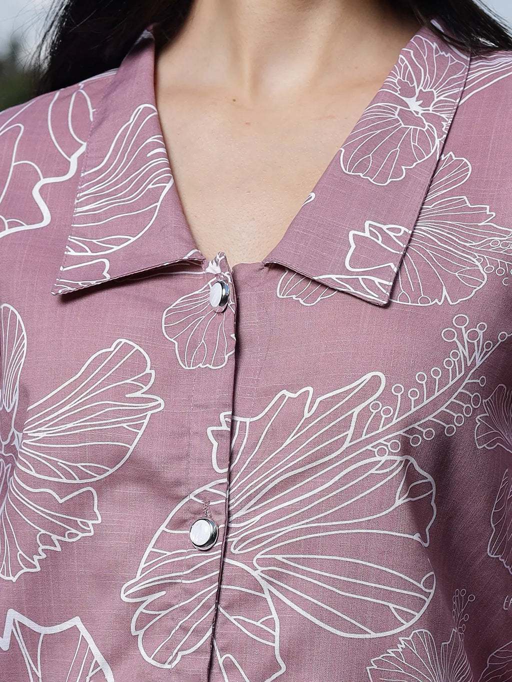 Yufta Mauve Cotton Linen Puff Sleeve Shirt Shirt Style Top | Grocsy
