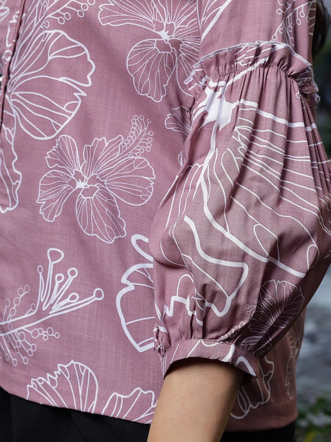 Yufta Mauve Cotton Linen Puff Sleeve Shirt Shirt Style Top | Grocsy