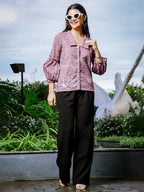 Yufta Mauve Cotton Linen Puff Sleeve Shirt Shirt Style Top | Grocsy