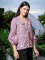 Yufta Mauve Cotton Linen Puff Sleeve Shirt Shirt Style Top | Grocsy