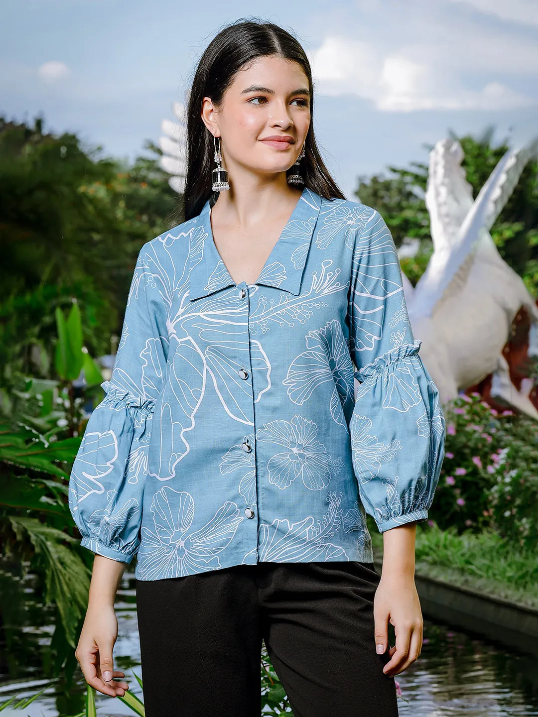 Yufta Sky Blue Cotton Linen Puff Sleeve Shirt Style Top | Grocsy