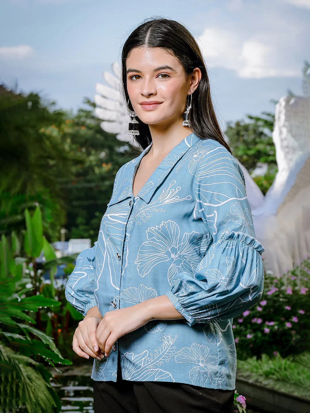 Yufta Sky Blue Cotton Linen Puff Sleeve Shirt Style Top | Grocsy