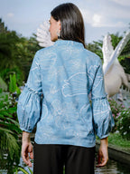 Yufta Sky Blue Cotton Linen Puff Sleeve Shirt Style Top | Grocsy