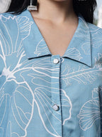 Yufta Sky Blue Cotton Linen Puff Sleeve Shirt Style Top | Grocsy