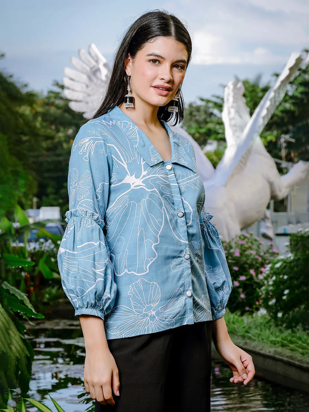 Yufta Sky Blue Cotton Linen Puff Sleeve Shirt Style Top | Grocsy