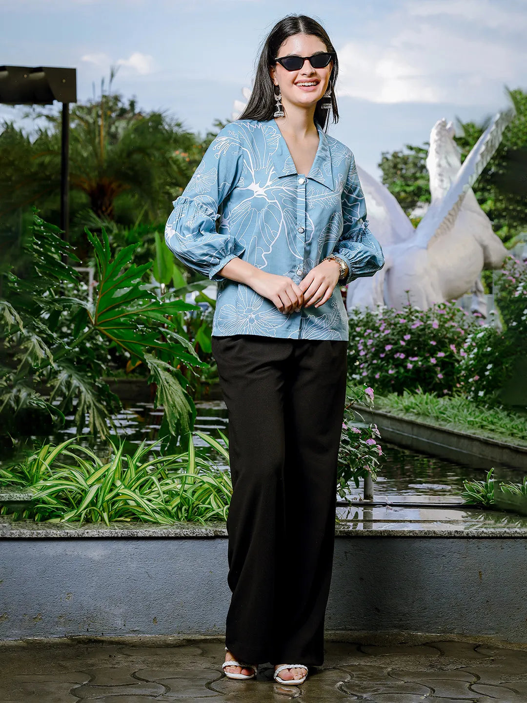 Yufta Sky Blue Cotton Linen Puff Sleeve Shirt Style Top | Grocsy